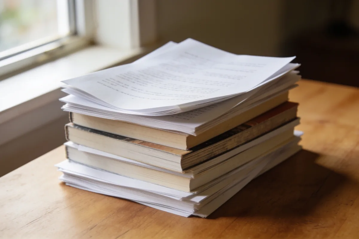 A neat stack of books and printed documents on a wooden table near a window in an Australian home, the pages angled so no text is readable, in soft daylight.