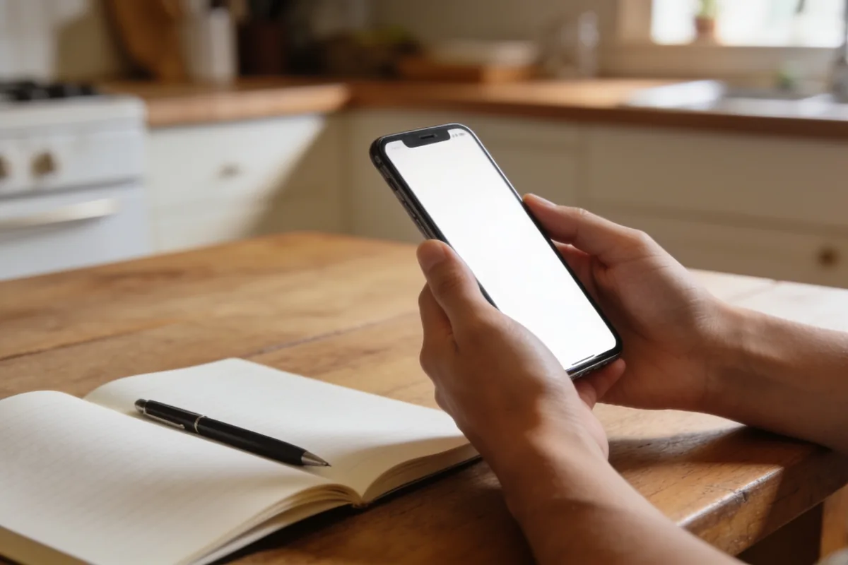 A close view of a person's hands holding a smartphone over a kitchen table in an Australian home, the screen angled away and blank, with an open notebook and pen beside it in soft daylight.