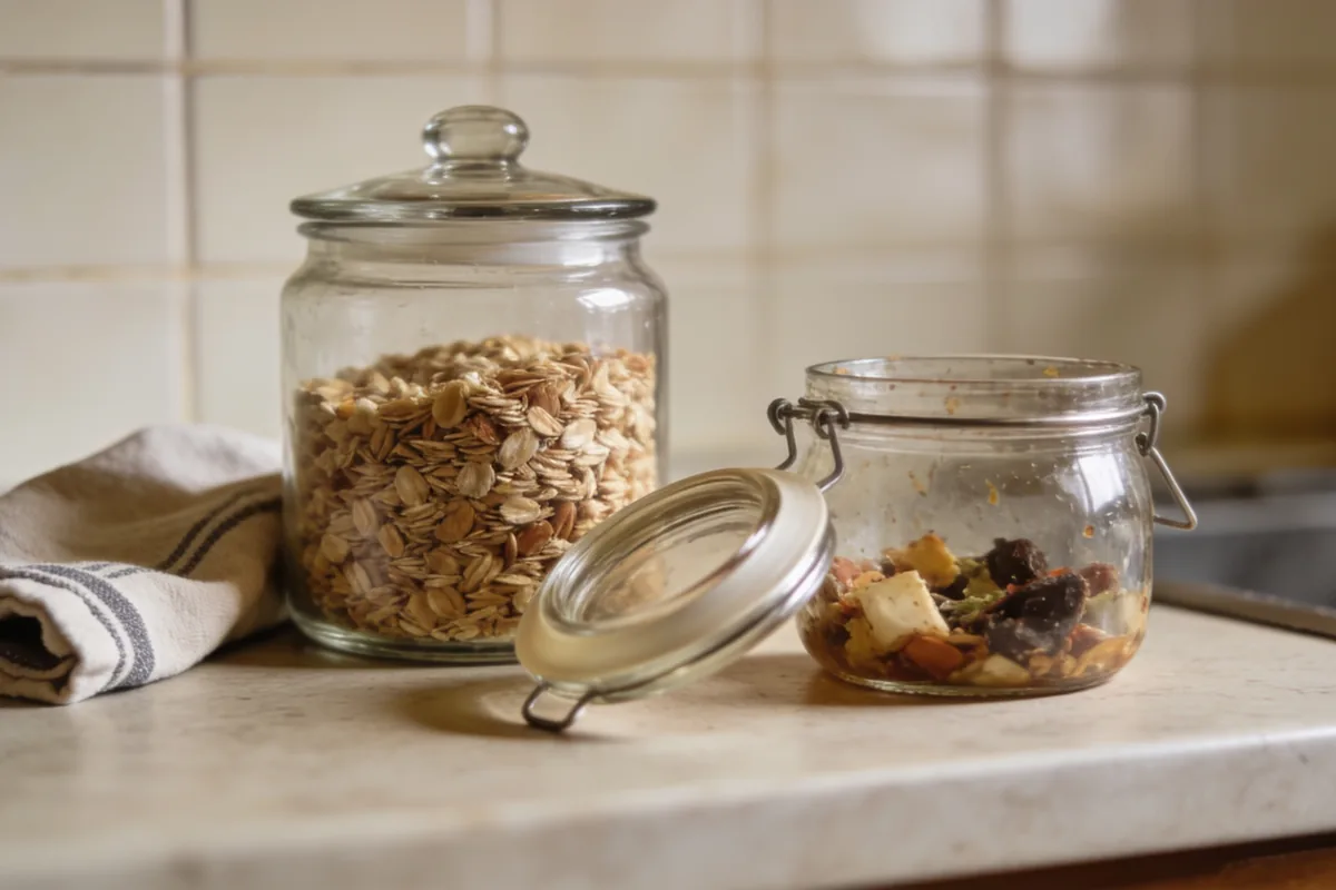 A clear glass pantry jar of dry goods and a glass container of leftovers on a kitchen bench in an Australian home, with a folded tea towel beside them in soft daylight.