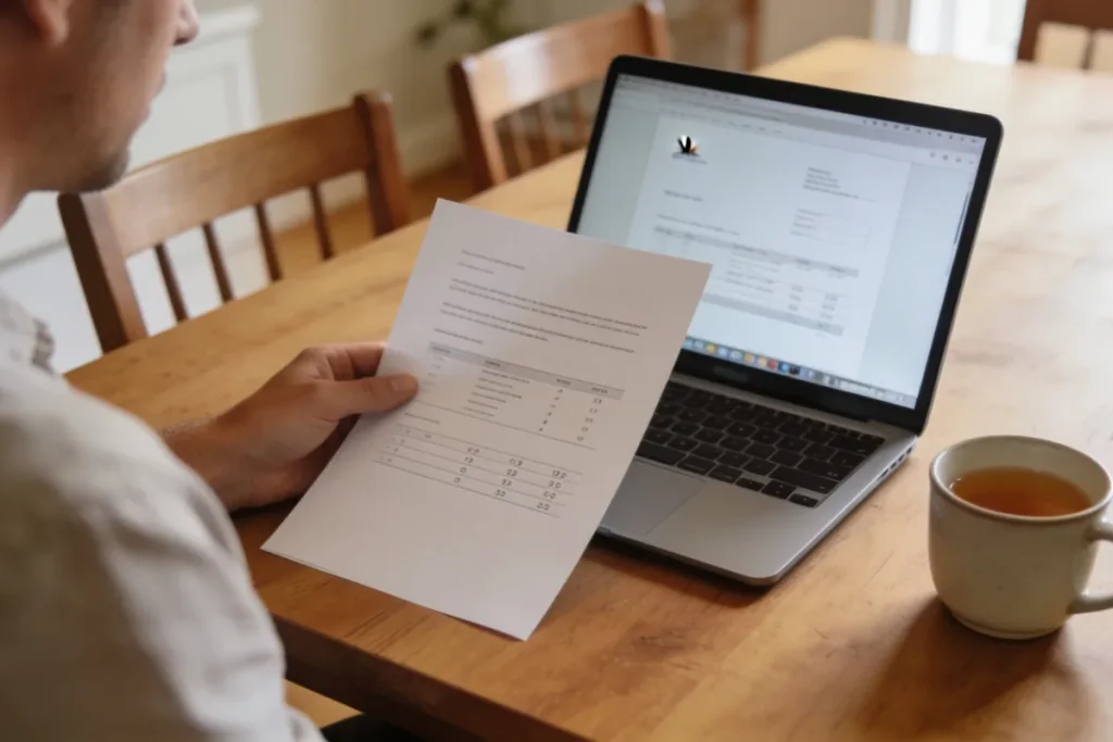 A person sitting at a tidy dining table in an Australian home in daylight reviewing a printed document and an open laptop, seen from the side so the papers and screen are angled away, with a cup of tea on the table.
