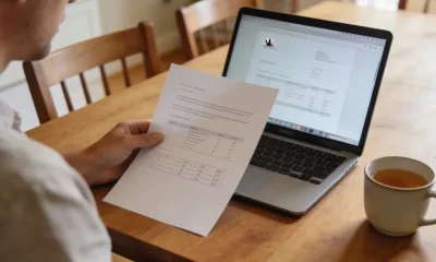 A person sitting at a tidy dining table in an Australian home in daylight reviewing a printed document and an open laptop, seen from the side so the papers and screen are angled away, with a cup of tea on the table.