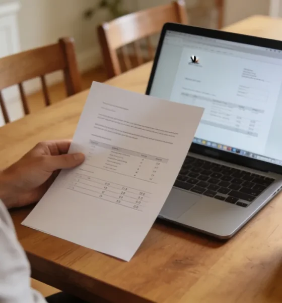 A person sitting at a tidy dining table in an Australian home in daylight reviewing a printed document and an open laptop, seen from the side so the papers and screen are angled away, with a cup of tea on the table.