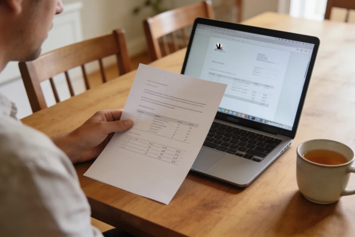 A person sitting at a tidy dining table in an Australian home in daylight reviewing a printed document and an open laptop, seen from the side so the papers and screen are angled away, with a cup of tea on the table.