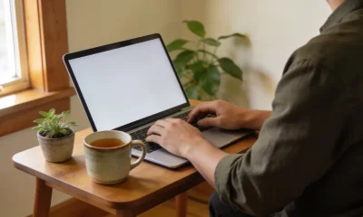 A person typing on an open laptop at a small wooden table in a bright Australian home in the morning, seen from behind with the laptop screen angled away, a mug of tea and a small potted plant beside it in soft window light.
