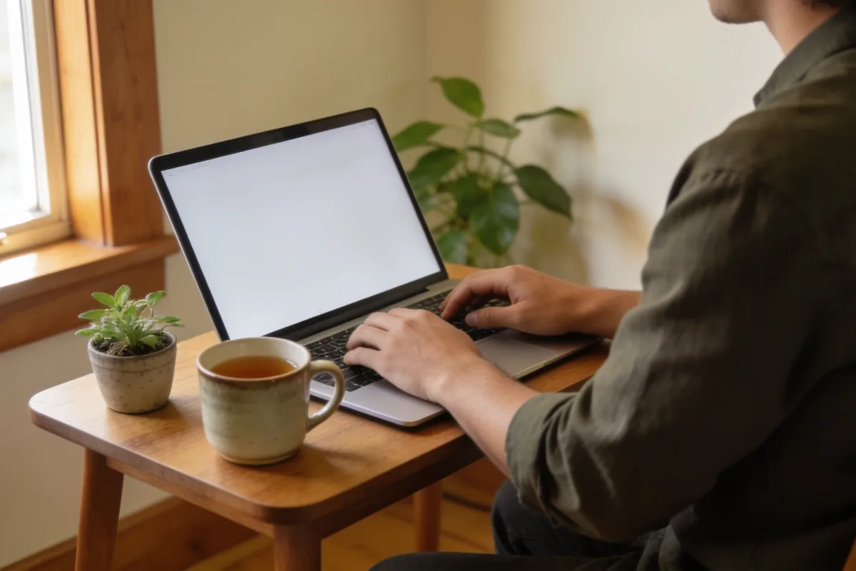 A person typing on an open laptop at a small wooden table in a bright Australian home in the morning, seen from behind with the laptop screen angled away, a mug of tea and a small potted plant beside it in soft window light.