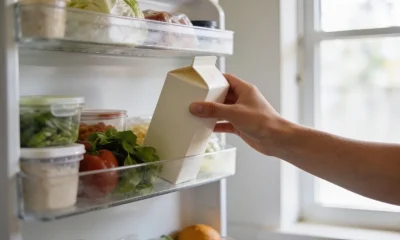 An open refrigerator in a bright Australian kitchen with a person's hand reaching in to hold a plain unlabelled carton, shelves of everyday groceries with no readable labels, soft natural light from a nearby window.
