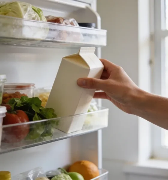 An open refrigerator in a bright Australian kitchen with a person's hand reaching in to hold a plain unlabelled carton, shelves of everyday groceries with no readable labels, soft natural light from a nearby window.