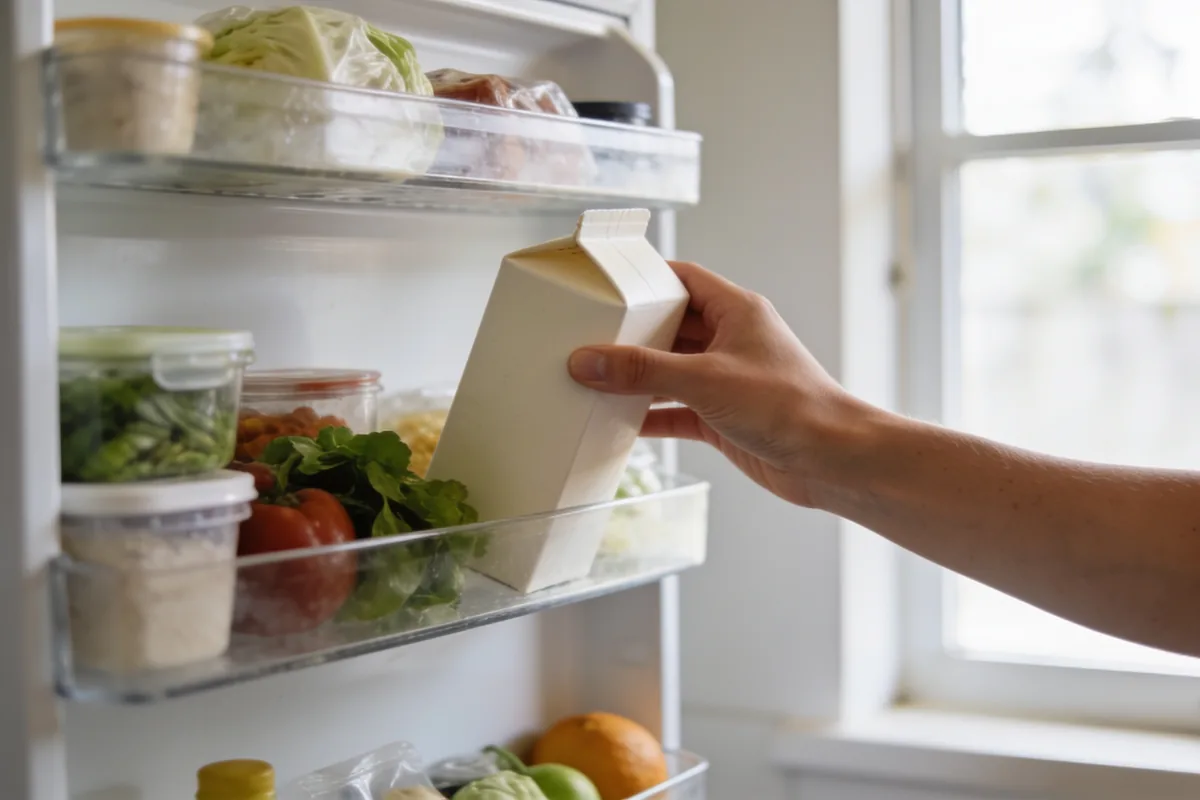 An open refrigerator in a bright Australian kitchen with a person's hand reaching in to hold a plain unlabelled carton, shelves of everyday groceries with no readable labels, soft natural light from a nearby window.