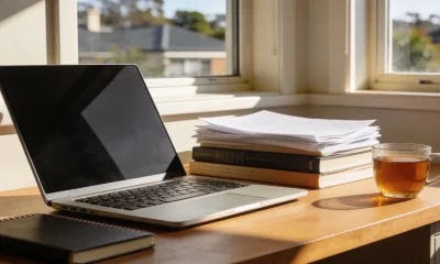 A tidy home-office desk by a window in an Australian house in warm afternoon light, with an open laptop screen angled away and blank, a closed notebook, a stack of books and printed papers, and a cup of tea.