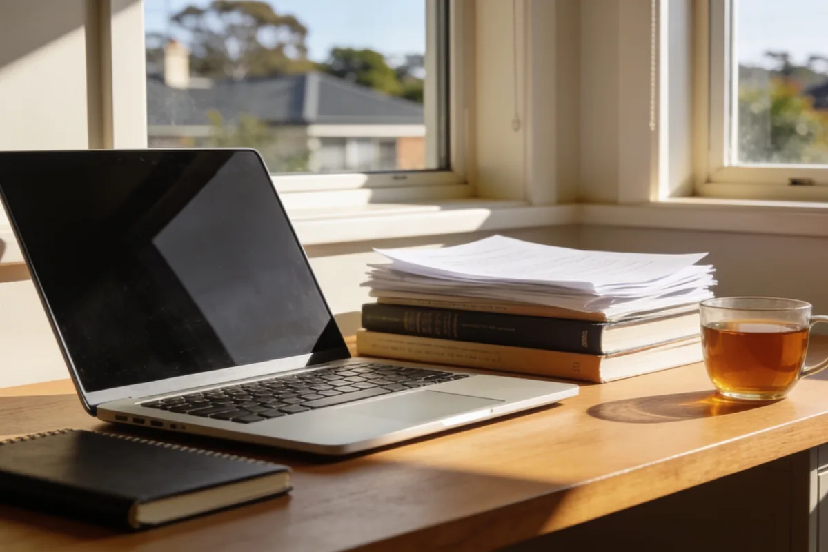 A tidy home-office desk by a window in an Australian house in warm afternoon light, with an open laptop screen angled away and blank, a closed notebook, a stack of books and printed papers, and a cup of tea.