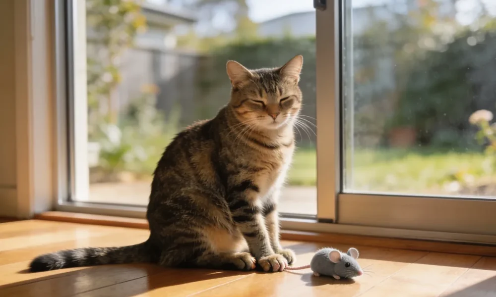 A relaxed tabby cat sitting on a sun-warmed wooden floor beside a sliding glass door in an Australian home in soft morning light, with a small toy mouse on the floor near its front paws.