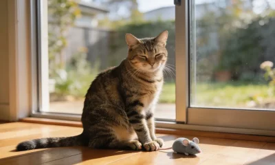 A relaxed tabby cat sitting on a sun-warmed wooden floor beside a sliding glass door in an Australian home in soft morning light, with a small toy mouse on the floor near its front paws.