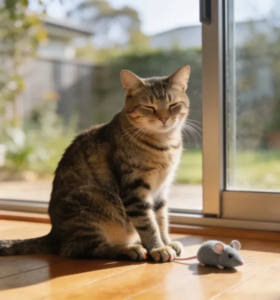 A relaxed tabby cat sitting on a sun-warmed wooden floor beside a sliding glass door in an Australian home in soft morning light, with a small toy mouse on the floor near its front paws.