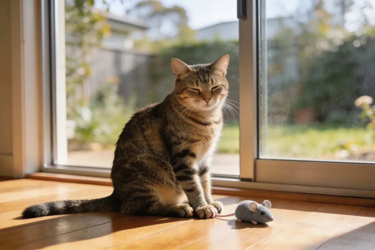 A relaxed tabby cat sitting on a sun-warmed wooden floor beside a sliding glass door in an Australian home in soft morning light, with a small toy mouse on the floor near its front paws.