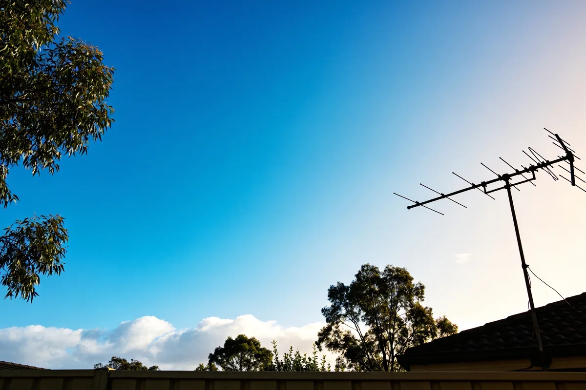 A clear bright-blue Australian sky seen over eucalyptus tree tops with a Hills hoist clothesline silhouetted in the lower frame and soft white clouds on the horizon.
