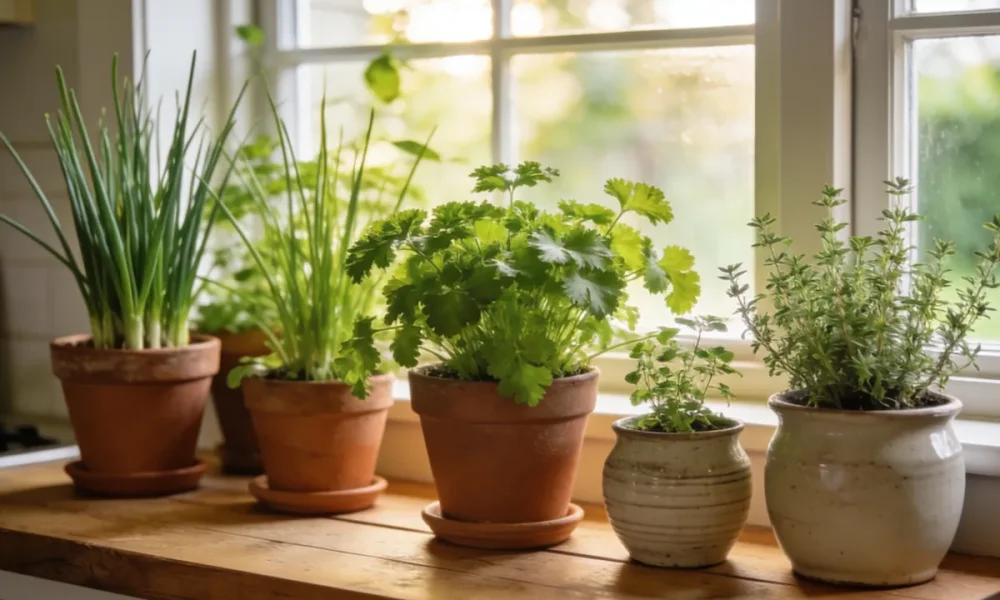 Terracotta and ceramic pots of healthy green herbs, including chives, parsley and thyme, on a wooden kitchen windowsill in an Australian home in soft morning light, with a blurred garden beyond the window.