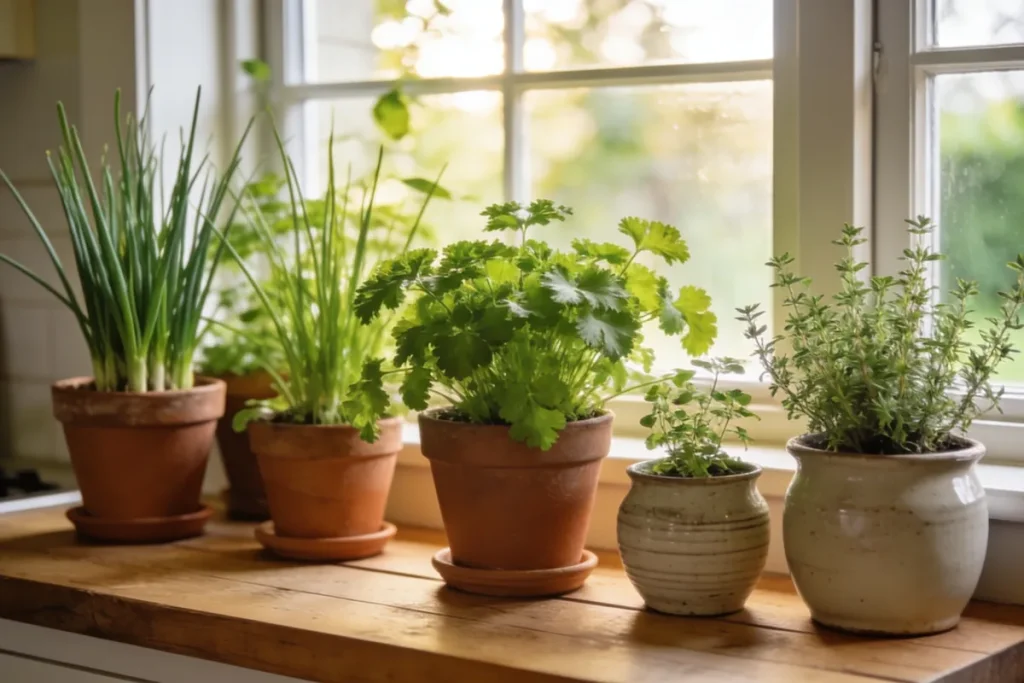 Terracotta and ceramic pots of healthy green herbs, including chives, parsley and thyme, on a wooden kitchen windowsill in an Australian home in soft morning light, with a blurred garden beyond the window.