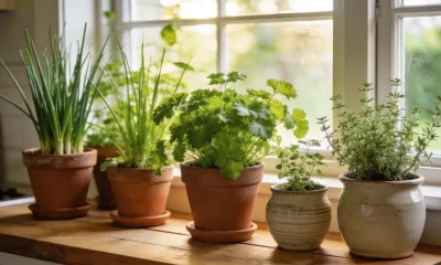 Terracotta and ceramic pots of healthy green herbs, including chives, parsley and thyme, on a wooden kitchen windowsill in an Australian home in soft morning light, with a blurred garden beyond the window.