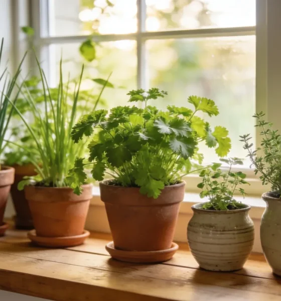Terracotta and ceramic pots of healthy green herbs, including chives, parsley and thyme, on a wooden kitchen windowsill in an Australian home in soft morning light, with a blurred garden beyond the window.