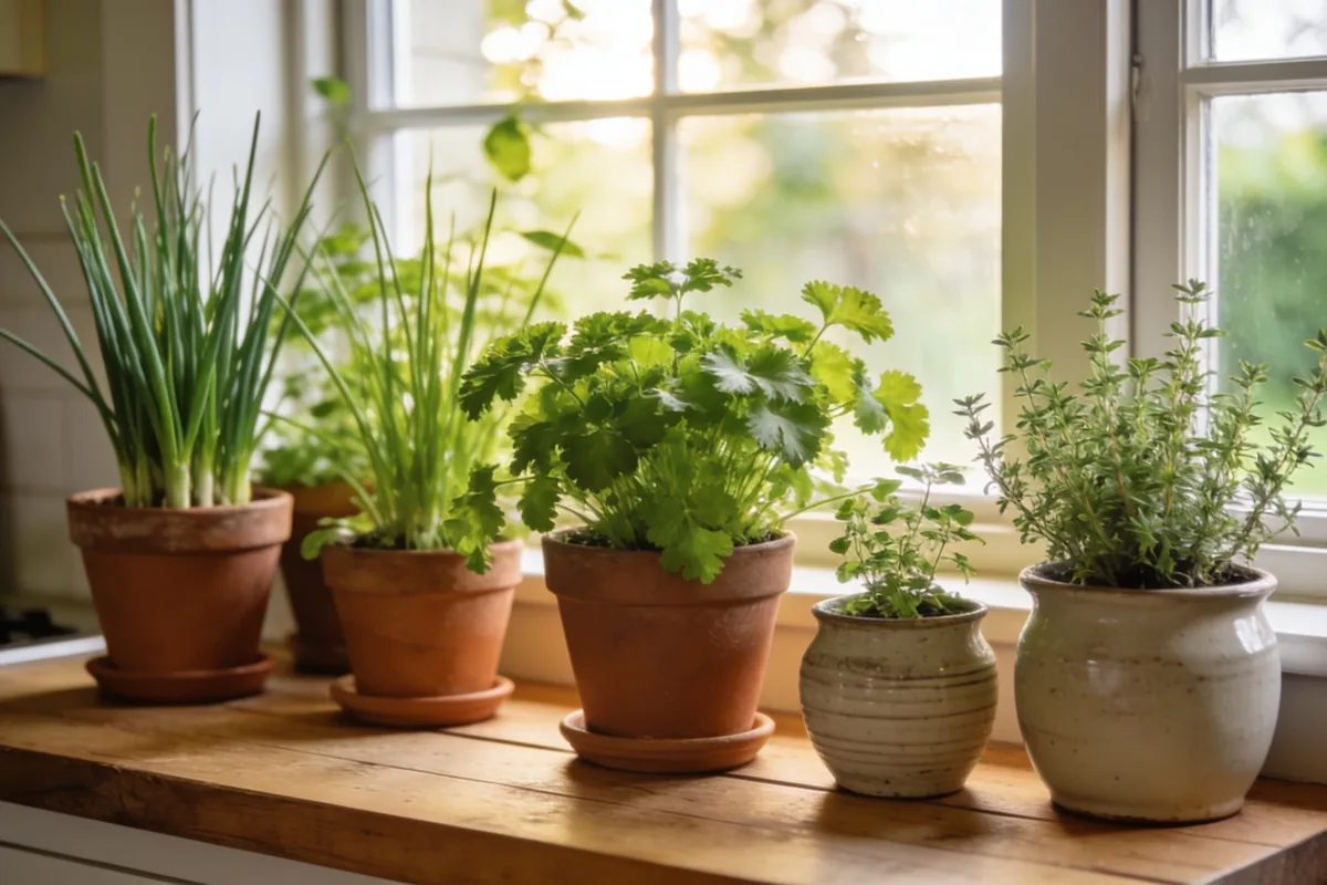 Terracotta and ceramic pots of healthy green herbs, including chives, parsley and thyme, on a wooden kitchen windowsill in an Australian home in soft morning light, with a blurred garden beyond the window.