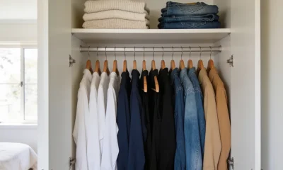 An open wardrobe with a neat row of clothes on wooden hangers in a calm neutral palette of white, navy, black, denim and sand, with folded knitwear and jeans on the shelf above, in a bright Australian bedroom.