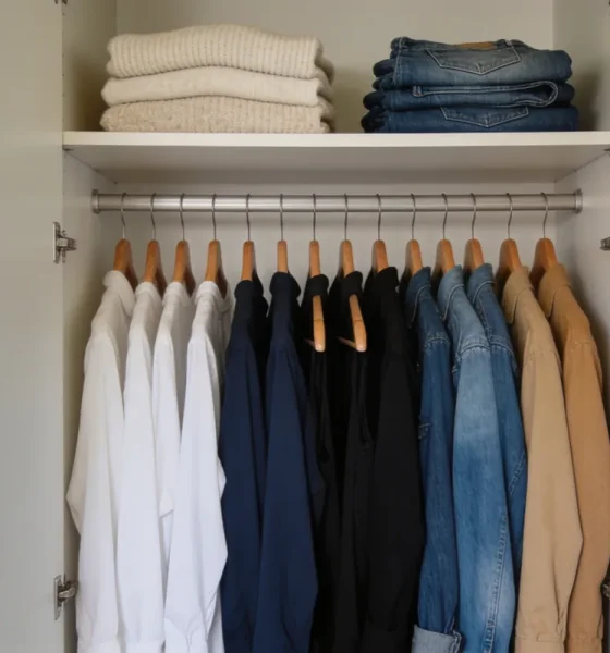 An open wardrobe with a neat row of clothes on wooden hangers in a calm neutral palette of white, navy, black, denim and sand, with folded knitwear and jeans on the shelf above, in a bright Australian bedroom.