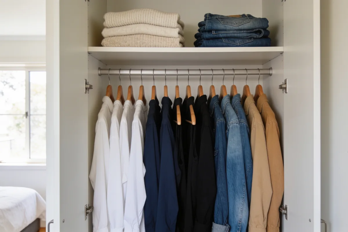 An open wardrobe with a neat row of clothes on wooden hangers in a calm neutral palette of white, navy, black, denim and sand, with folded knitwear and jeans on the shelf above, in a bright Australian bedroom.