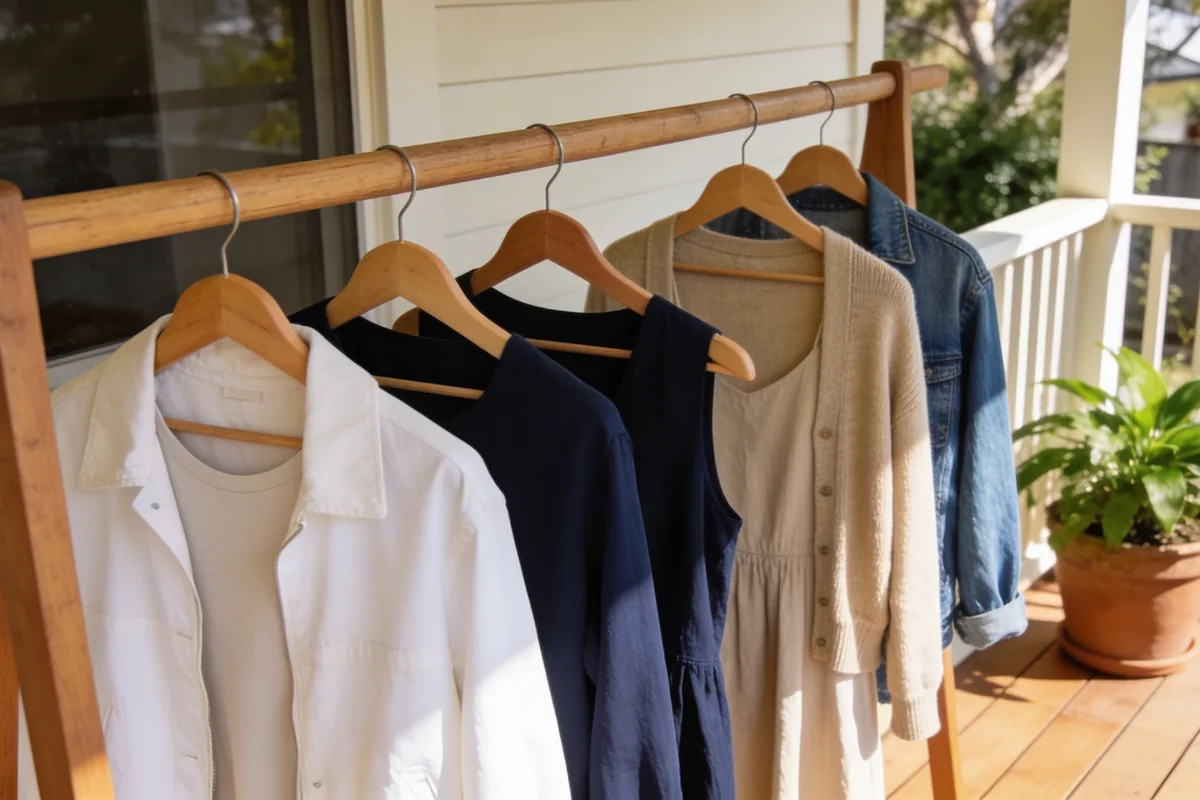 A clothes rail on a sunny Australian veranda holding layered outfits on wooden hangers, a light jacket over a plain top and a cardigan over a simple dress in a neutral palette, with a potted plant nearby.