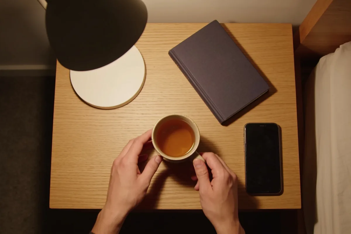 Two hands setting a plain mug of tea on a wooden bedside table in an Australian bedroom in the evening, with a book lying face-down and a phone face-down with its screen dark beside a warm lamp.