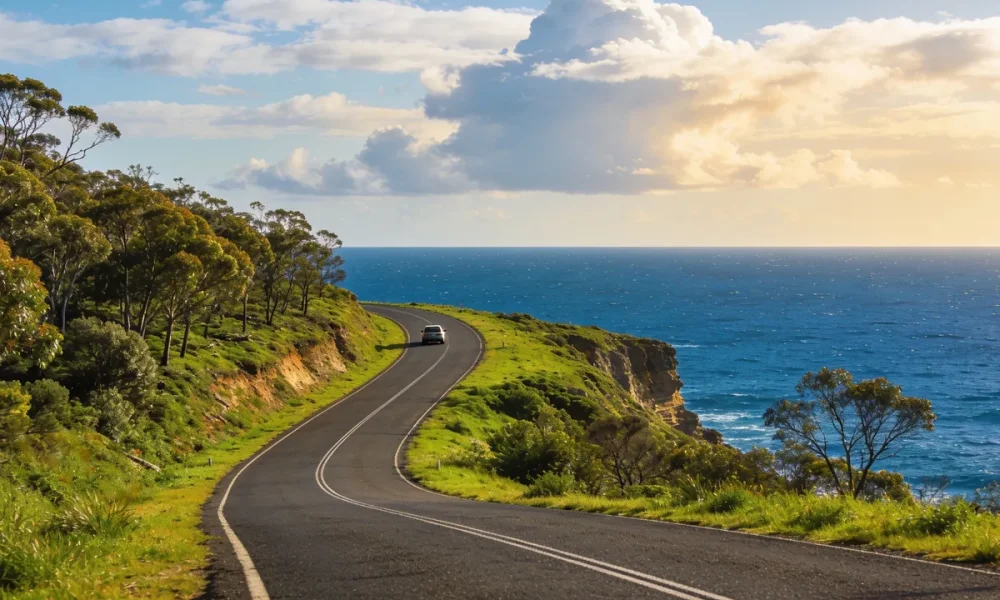 A sealed coastal road curving along a green clifftop high above the deep blue Southern Ocean on the Great Ocean Road in Victoria, with eucalypt bushland on the inland side and a single car in the middle distance under a big sky.