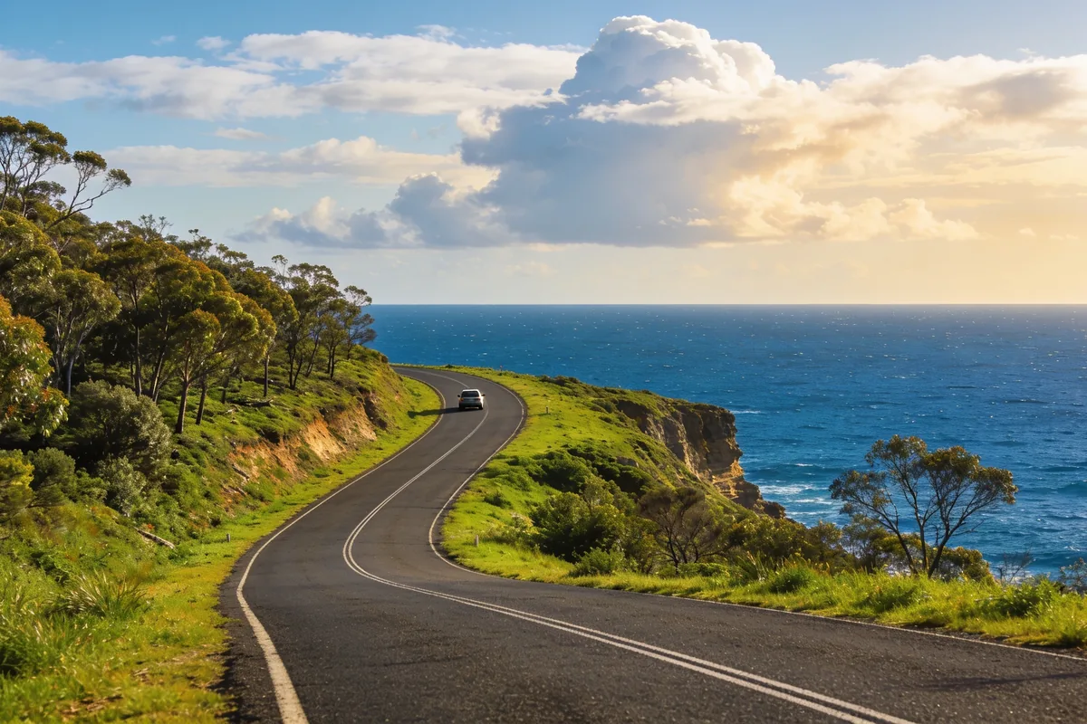 A sealed coastal road curving along a green clifftop high above the deep blue Southern Ocean on the Great Ocean Road in Victoria, with eucalypt bushland on the inland side and a single car in the middle distance under a big sky.