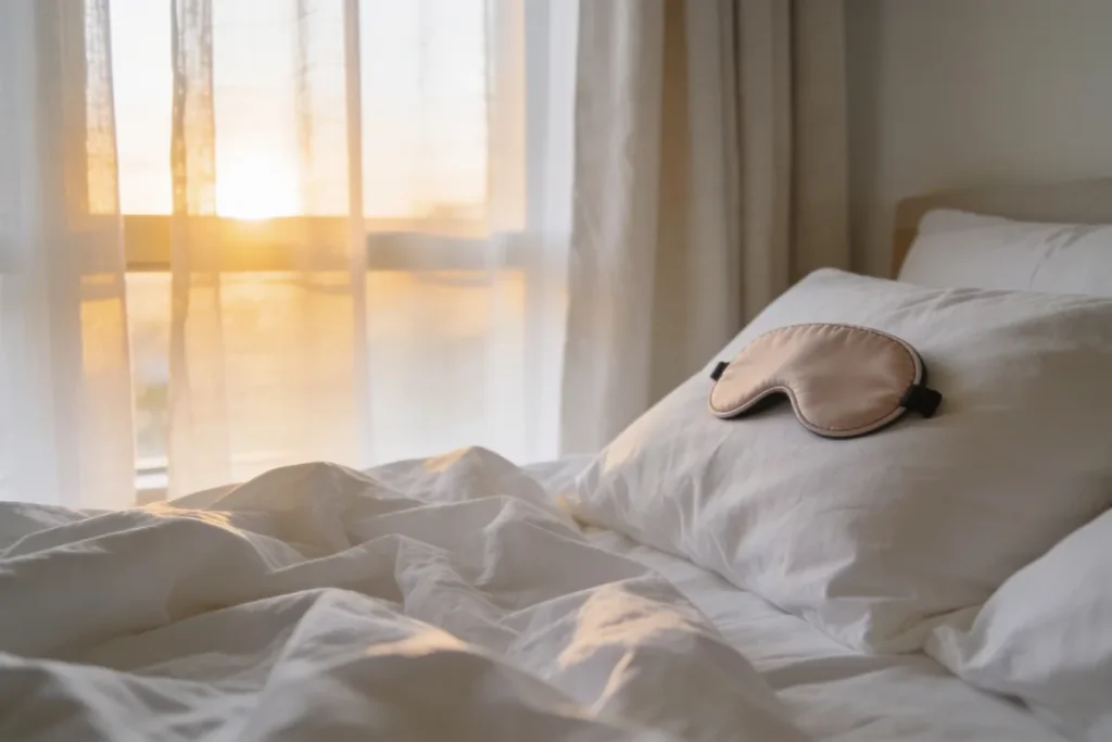 An unmade bed with rumpled white linen and a sleep mask resting on the pillow in a calm Australian bedroom, lit by soft morning sun glowing through sheer curtains.