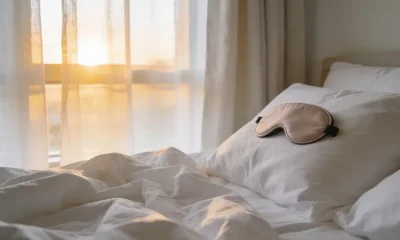 An unmade bed with rumpled white linen and a sleep mask resting on the pillow in a calm Australian bedroom, lit by soft morning sun glowing through sheer curtains.