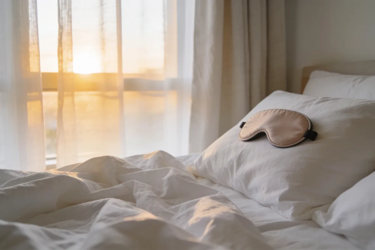 An unmade bed with rumpled white linen and a sleep mask resting on the pillow in a calm Australian bedroom, lit by soft morning sun glowing through sheer curtains.
