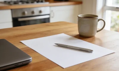 A blank white sheet of paper with a pen resting on it on a tidy kitchen-table desk in an Australian home, beside a closed laptop and a ceramic coffee mug in soft window light.