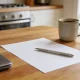 A blank white sheet of paper with a pen resting on it on a tidy kitchen-table desk in an Australian home, beside a closed laptop and a ceramic coffee mug in soft window light.