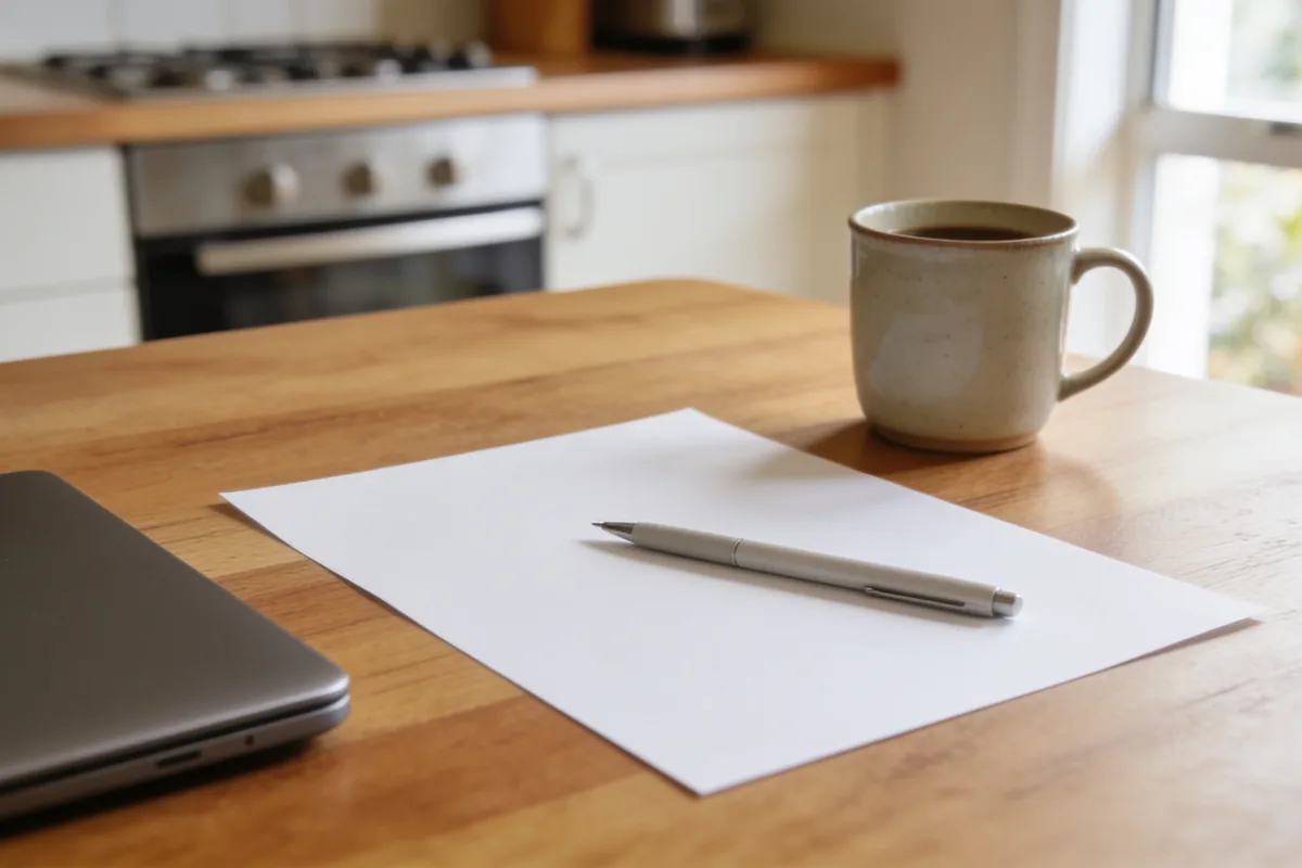 A blank white sheet of paper with a pen resting on it on a tidy kitchen-table desk in an Australian home, beside a closed laptop and a ceramic coffee mug in soft window light.