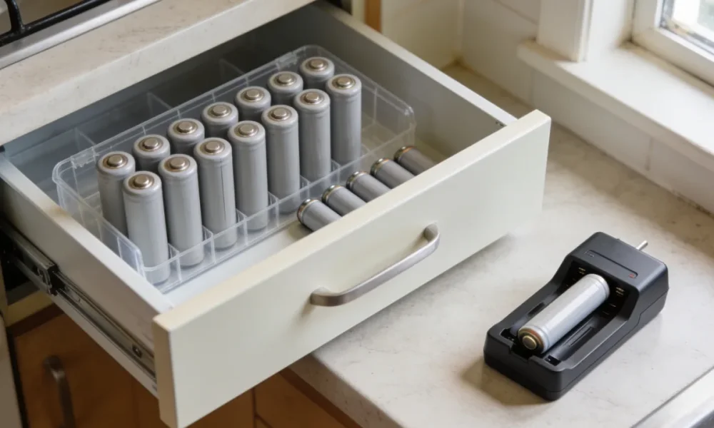 An open kitchen drawer in an Australian home holding plain unmarked rechargeable batteries upright in a clear organiser box with loose single-use batteries beside them, and a simple battery charger on the bench next to the drawer.