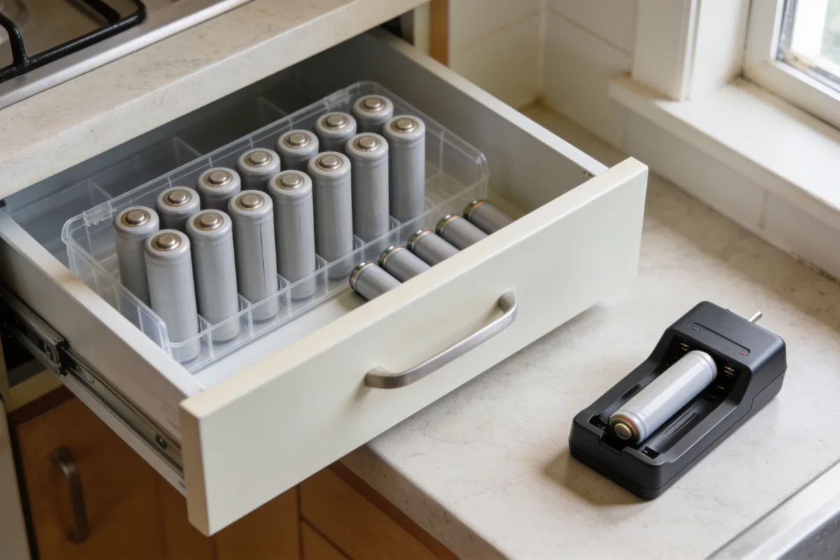 An open kitchen drawer in an Australian home holding plain unmarked rechargeable batteries upright in a clear organiser box with loose single-use batteries beside them, and a simple battery charger on the bench next to the drawer.