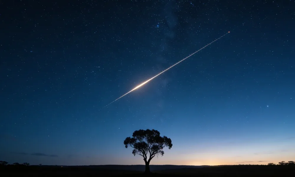 A silhouetted gum tree against a starry night sky over the Australian outback, with one bright straight satellite trail crossing the sky like a thin line of reflected sunlight.