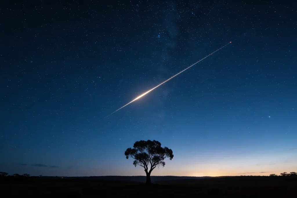 A silhouetted gum tree against a starry night sky over the Australian outback, with one bright straight satellite trail crossing the sky like a thin line of reflected sunlight.