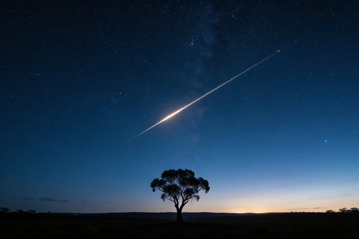 A silhouetted gum tree against a starry night sky over the Australian outback, with one bright straight satellite trail crossing the sky like a thin line of reflected sunlight.