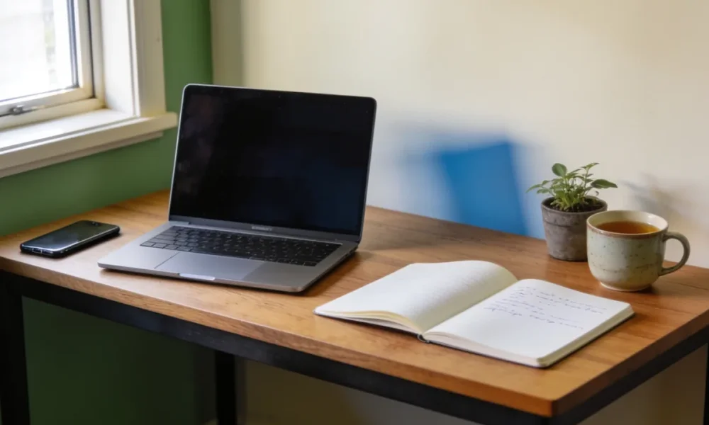 An open laptop and a notebook on a wooden home office desk by a window, with a mobile phone, a cup of tea and a small potted plant in soft morning light.