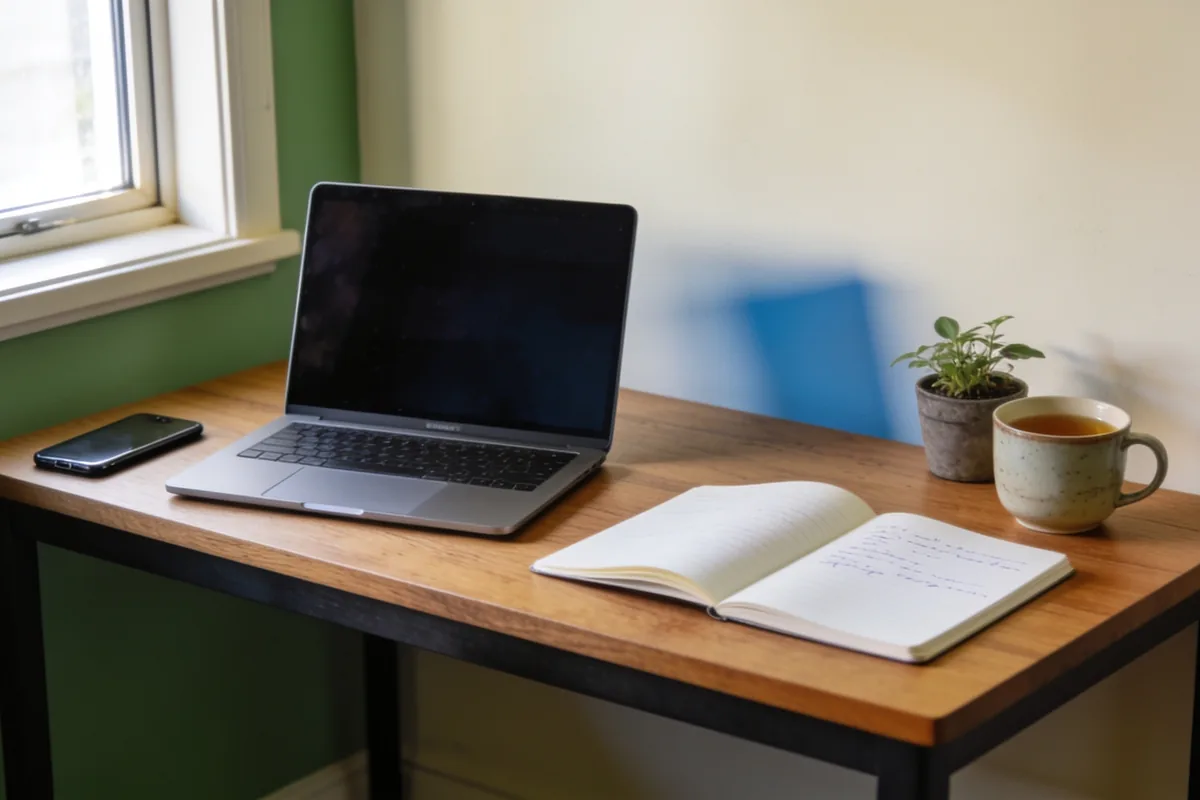 An open laptop and a notebook on a wooden home office desk by a window, with a mobile phone, a cup of tea and a small potted plant in soft morning light.