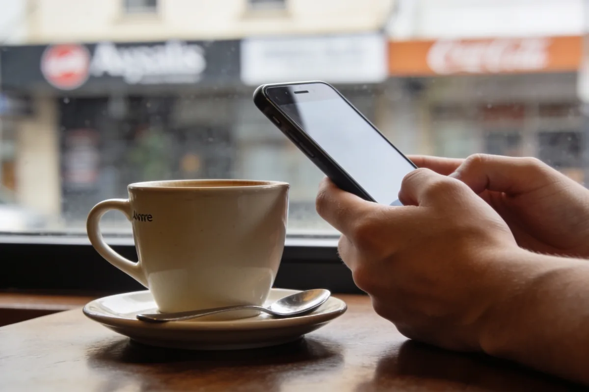 A person's hands holding a smartphone at a cafe table with a plain coffee cup beside it, the phone screen angled away from the camera in soft daylight.