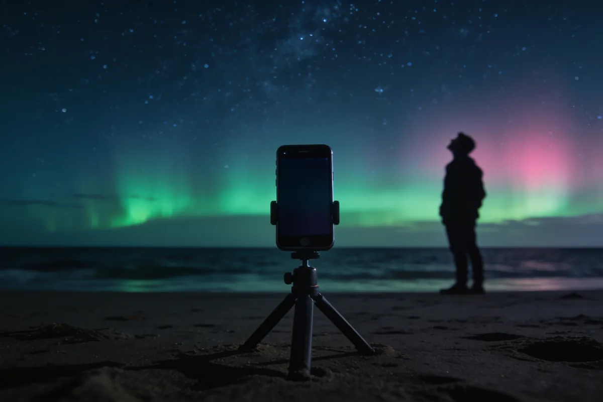 A smartphone on a small tripod on a dark beach at night facing a faint aurora glow on the southern horizon, with a blurred figure standing nearby.