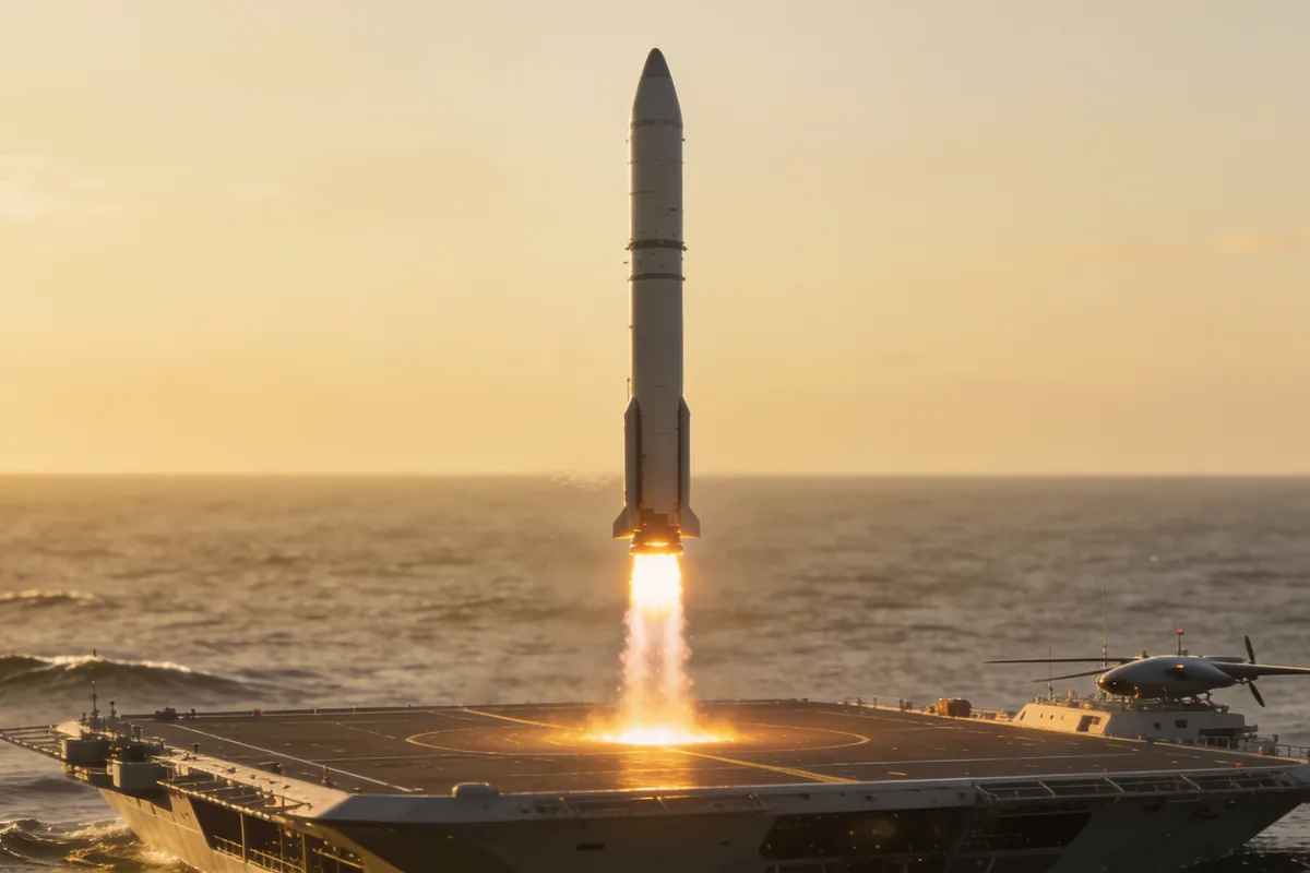 A tall rocket booster descending vertically toward an autonomous drone ship at sea with a bright engine glow beneath it in late afternoon light.