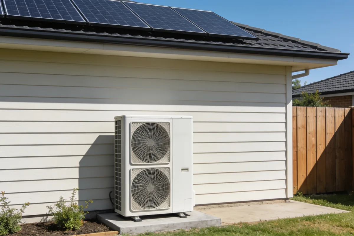 The side of an Australian home with a white heat pump hot water unit beside the wall and rooftop solar panels visible above in clear daylight.