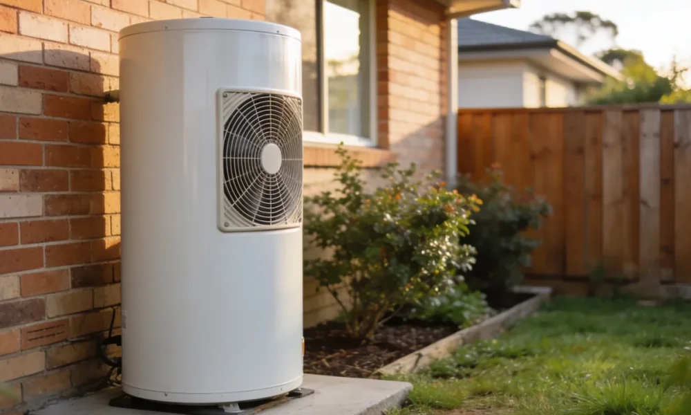 A plain white heat pump hot water unit standing on a concrete pad against the external wall of an Australian suburban house in soft morning light.