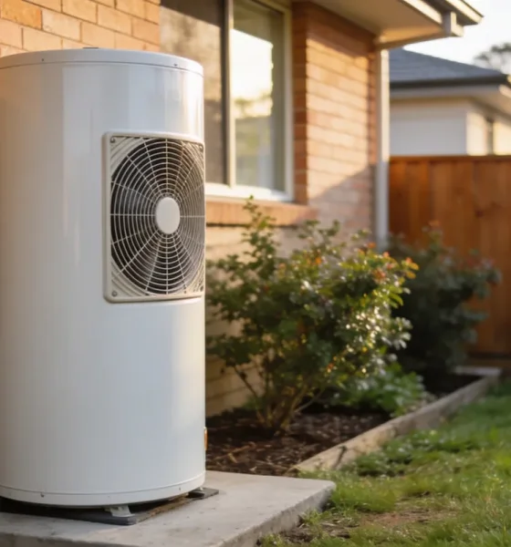 A plain white heat pump hot water unit standing on a concrete pad against the external wall of an Australian suburban house in soft morning light.